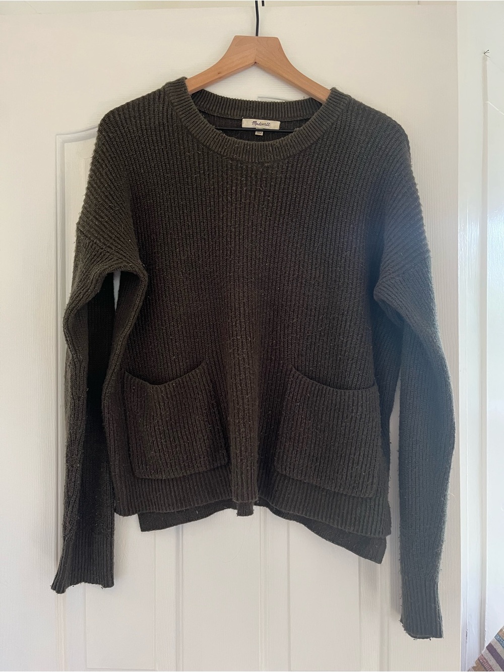 Madewell Olive Ribbed Crewneck Sweater with Front Pockets